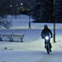 Calgary AB, Bow River Trail, Winter Cyclist, Commuting Home in the Dark ©Photograph by H-JEH Becker, 2012
